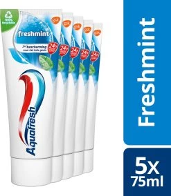 Aquafresh Freshmint - Tandpasta - Voor Een Frisse Adem - Voordeelverpakking - Recyclebare Plastic Tube En Dop -5 X 75ml
