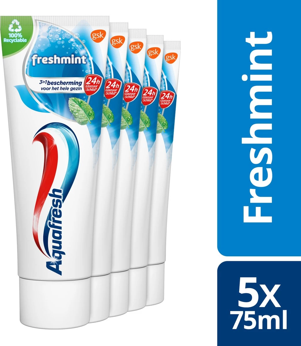 Aquafresh Freshmint - Tandpasta - Voor Een Frisse Adem - Voordeelverpakking - Recyclebare Plastic Tube En Dop -5 X 75ml 3 Aquafresh Freshmint - Tandpasta - Voor Een Frisse Adem - Voordeelverpakking - Recyclebare Plastic Tube En Dop -5 X 75ml