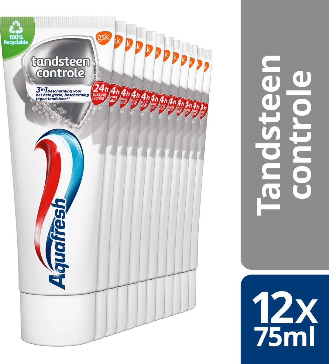 Aquafresh Tandsteen Controle Tandpasta Voor Gezonde Tanden Voordeelverpakking 12x75ml, Recyclebare Plastic Tube En Dop 3 Aquafresh Tandsteen Controle Tandpasta Voor Gezonde Tanden Voordeelverpakking 12x75ml, Recyclebare Plastic Tube En Dop