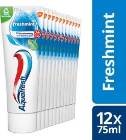Aquafresh Freshmint 3in1 Tandpasta Voor Een Frisse Adem Voordeelverpakking 12x75ml, Recyclebare Plastic Tube En Dop