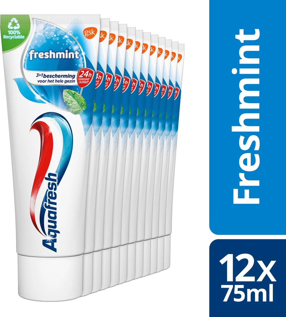 Aquafresh Freshmint 3in1 Tandpasta Voor Een Frisse Adem Voordeelverpakking 12x75ml, Recyclebare Plastic Tube En Dop 3 Aquafresh Freshmint 3in1 Tandpasta Voor Een Frisse Adem Voordeelverpakking 12x75ml, Recyclebare Plastic Tube En Dop