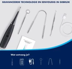 DynaBright Elektrische Tandsteen Verwijderaar - 5 Standen - 5 Delig - Incl. Professionele Tandarts Set - Tandplak - Zwart - Tong Schraper - USB - Tand Verzorging -Mondverzorging 1200x1148