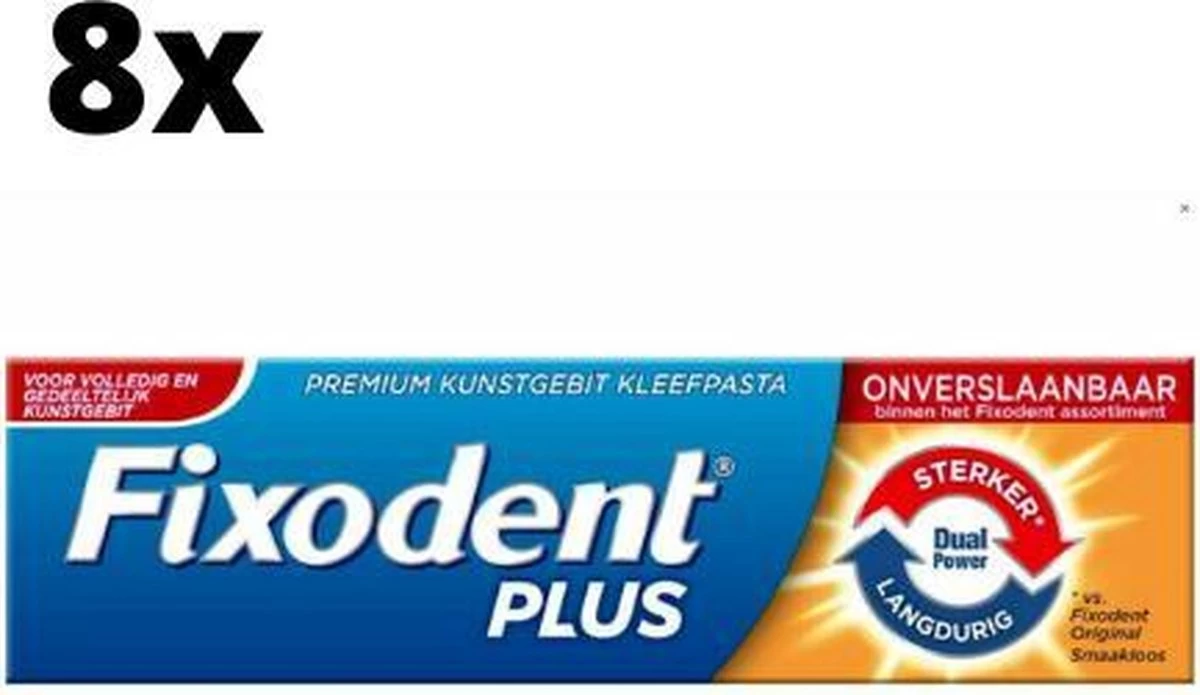 Fixodent Plus Dual Power Premium Kleefpasta - 8 X 40 Gram - Voordeelpakket 3 Fixodent Plus Dual Power Premium Kleefpasta - 8 X 40 Gram - Voordeelpakket