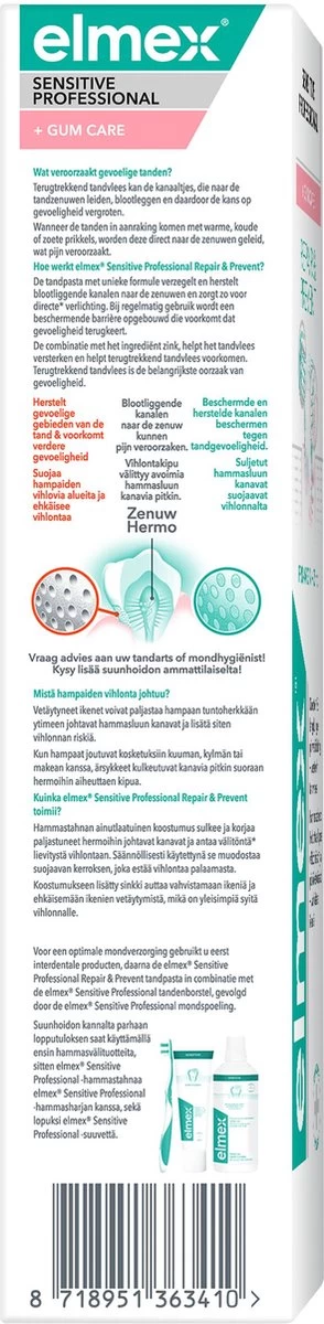 Elmex Sensitive Professional Tandpasta Repair & Prevent 4 X 75 Ml - Voor Gevoelige Tanden - Voordeelverpakking 13 Elmex Sensitive Professional Tandpasta Repair & Prevent 4 X 75 Ml - Voor Gevoelige Tanden - Voordeelverpakking - Afbeelding 11