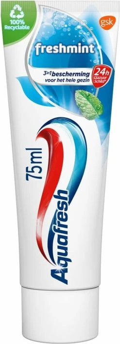 Aquafresh Freshmint 3in1 Tandpasta Voor Een Frisse Adem Voordeelverpakking 12x75ml, Recyclebare Plastic Tube En Dop 26 Aquafresh Freshmint 3in1 Tandpasta Voor Een Frisse Adem Voordeelverpakking 12x75ml, Recyclebare Plastic Tube En Dop -Mondverzorging 421x1200 2