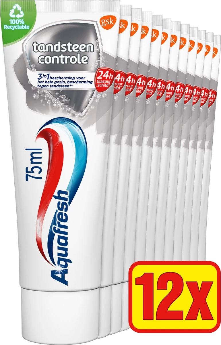 Aquafresh Tandsteen Controle Tandpasta Voor Gezonde Tanden Voordeelverpakking 12x75ml, Recyclebare Plastic Tube En Dop 4 Aquafresh Tandsteen Controle Tandpasta Voor Gezonde Tanden Voordeelverpakking 12x75ml, Recyclebare Plastic Tube En Dop - Afbeelding 2
