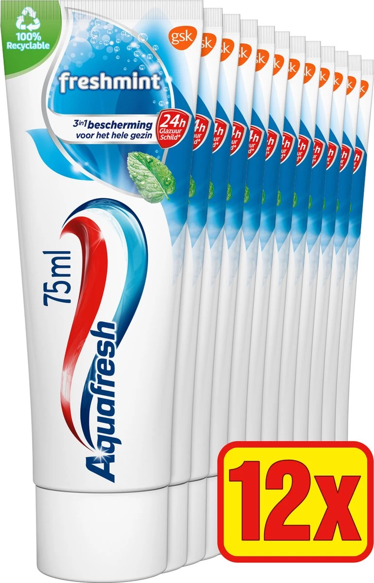 Aquafresh Freshmint 3in1 Tandpasta Voor Een Frisse Adem Voordeelverpakking 12x75ml, Recyclebare Plastic Tube En Dop 4 Aquafresh Freshmint 3in1 Tandpasta Voor Een Frisse Adem Voordeelverpakking 12x75ml, Recyclebare Plastic Tube En Dop - Afbeelding 2